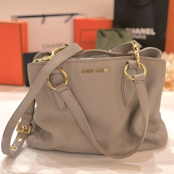 AUTH Miu Miu 2 Way Leather Handbag Tote Crossbody Cream Beige - Picture 1 of 8